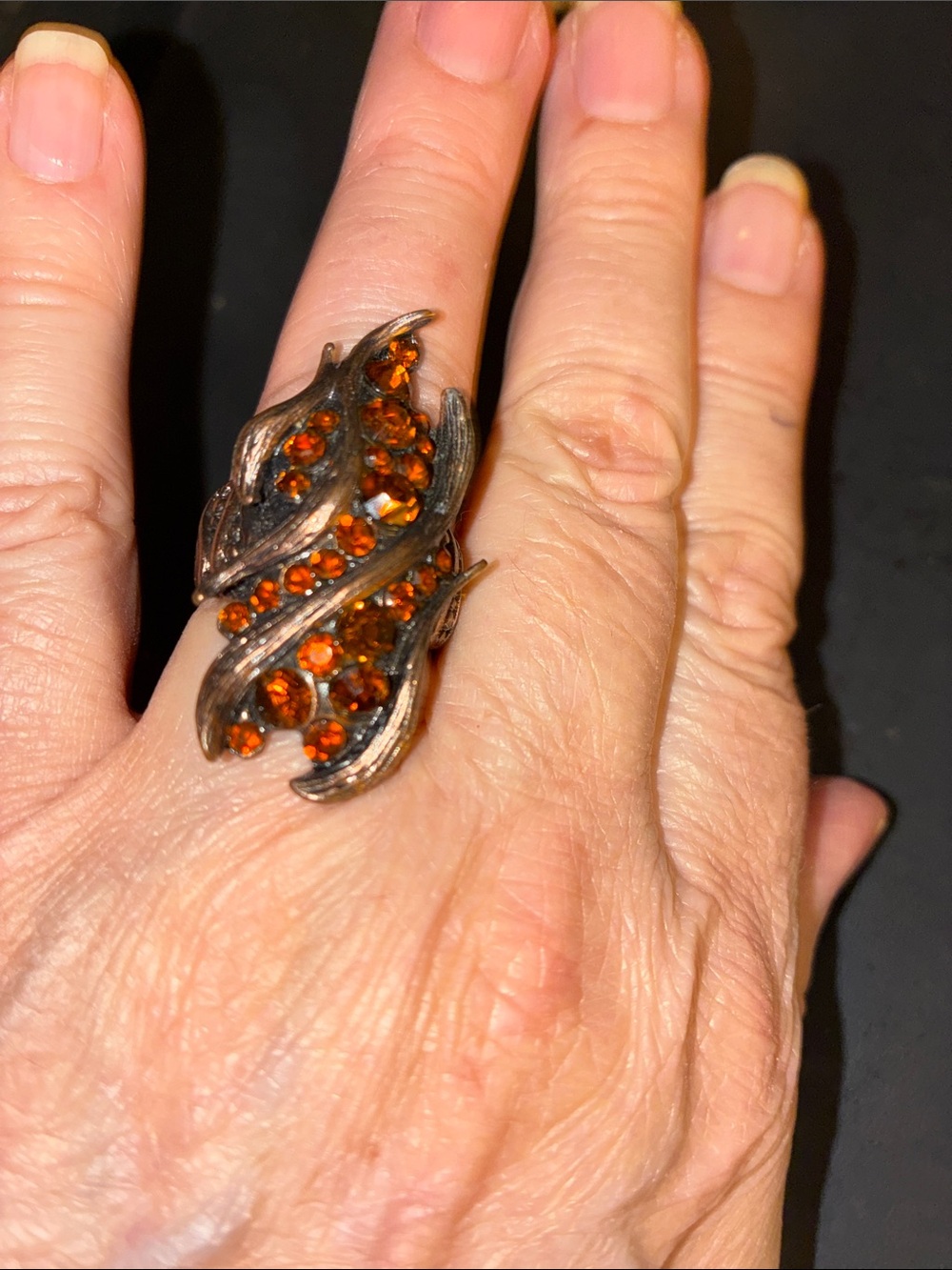 Vintage-Inspired Amber Crystal Statement Stretch Ring - Brown